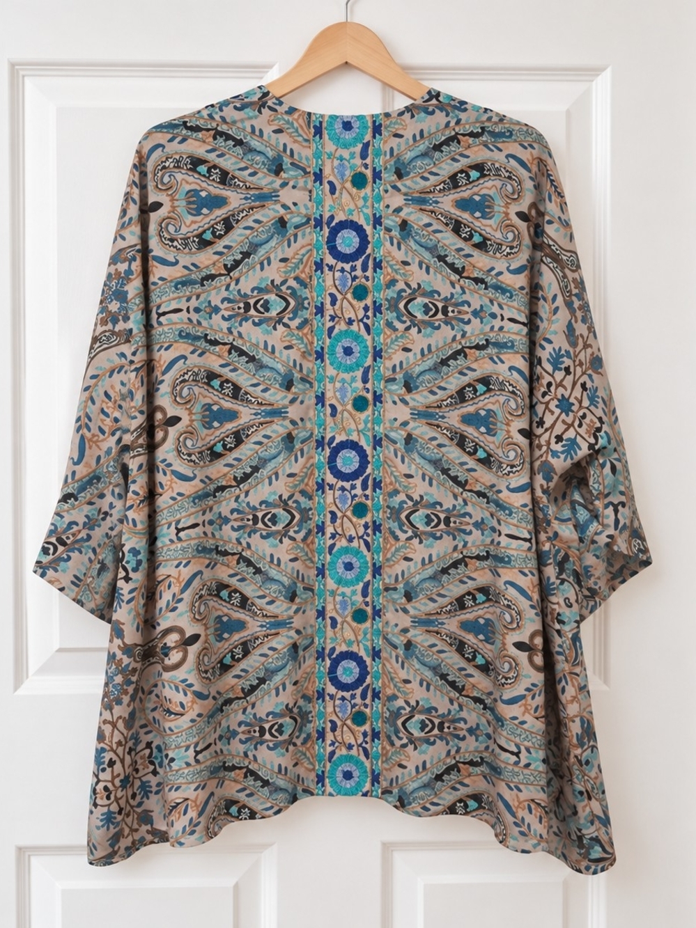 Embroidered Open-Front Kimono Jacket in Beige and Teal - Picture 3 of 9